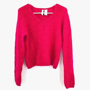 Vintage Twiggy V-Neck Sweater Mohair Blend Womens L Magenta‎ Long Sleeve Knit